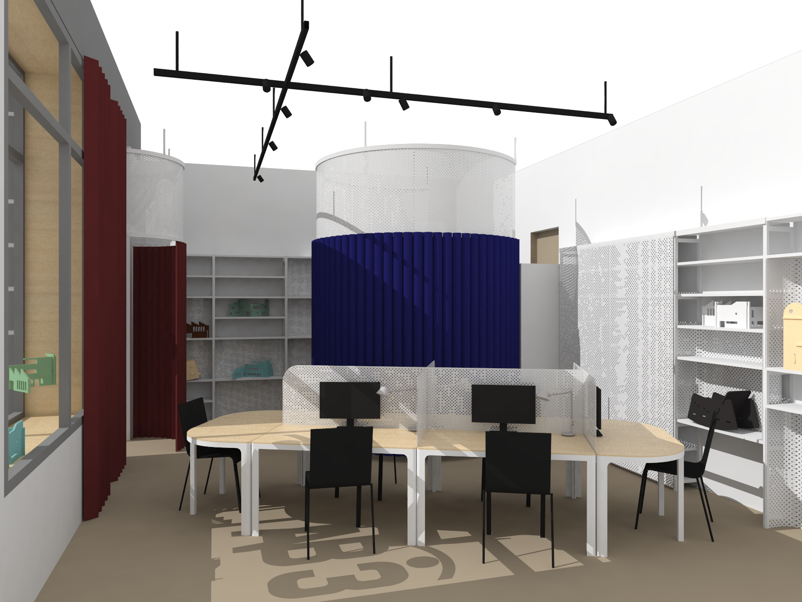 coworkingové centrum Opava Bezručovo náměstí Návrh interiéru sdílené kanceláře a showroomu AB3 space, Opava, design interiéru. ing. arch. Pavla Tylichová