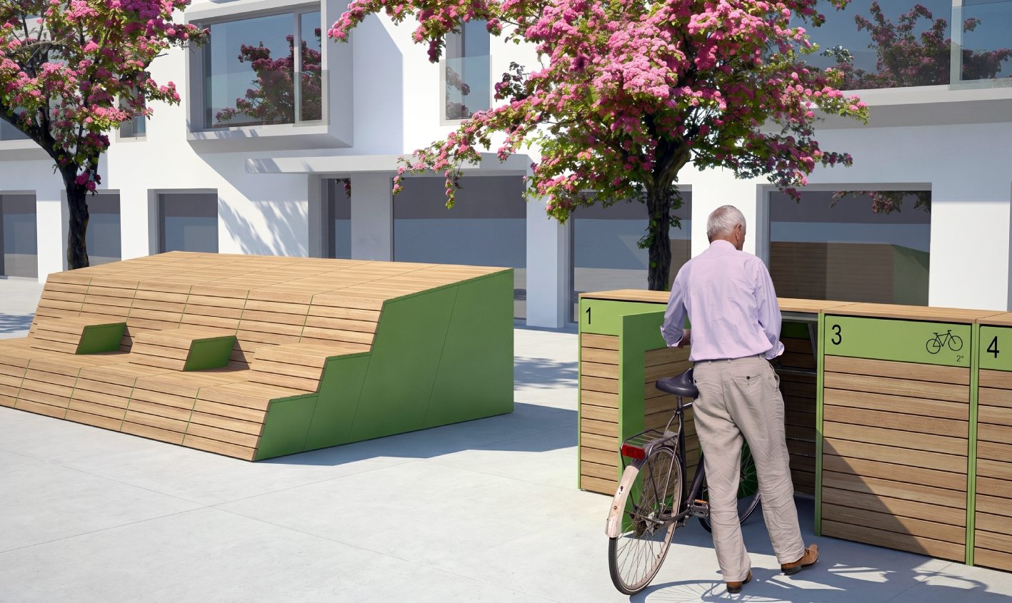 Cyklobox a modulární sedací systém, městský mobiliář, průmyslový a produktový design ukládání kol města sedací sestva