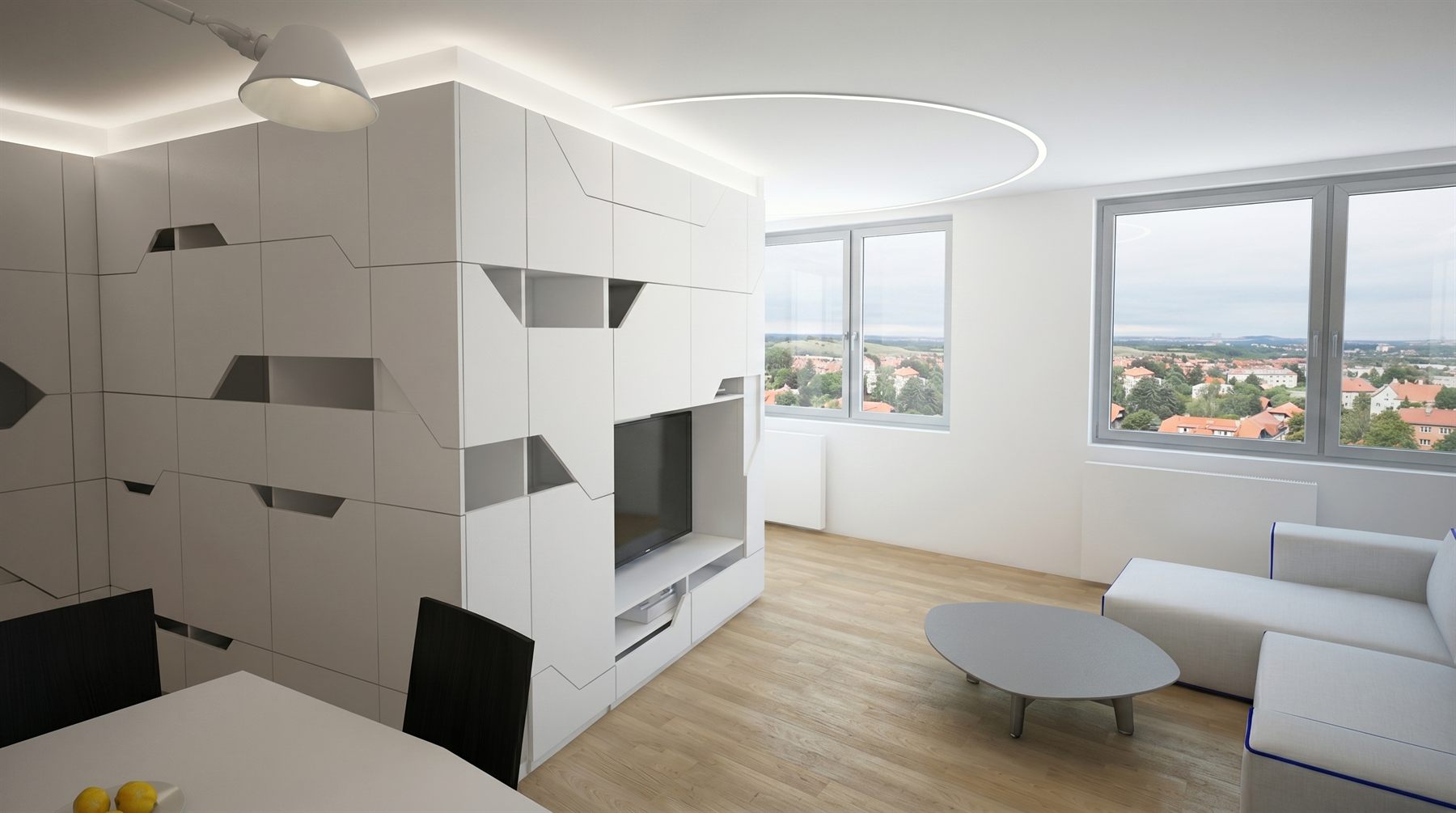  návrh a realizace interiéru malého bytu v Praze Ruzyni interiérový design panelákový byt vestavěný nábytek