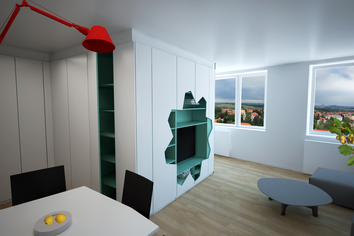 lampička tolomeo artemide extravagantní obývací pokoj návrh a realizace interiéru malého bytu v Praze Ruzyni interiérový design panelákový byt vestavěný nábytek