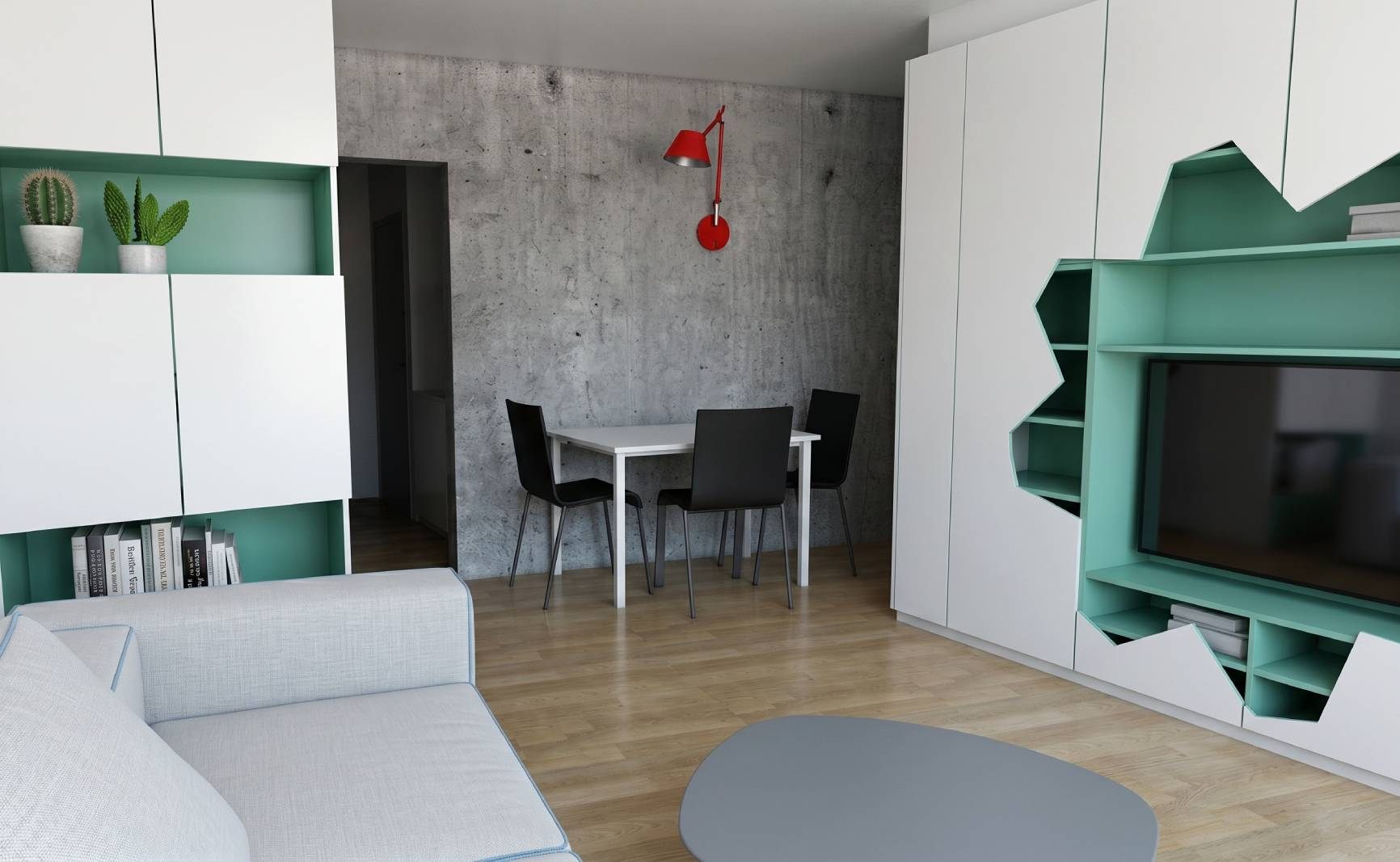 lampička tolomeo artemide extravagantní obývací pokoj návrh a realizace interiéru malého bytu v Praze Ruzyni interiérový design panelákový byt vestavěný nábytek