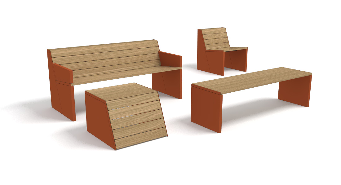 Řada parkových lavic Fully, parkové lavičky stoličky lavice křesla městský mobiliář a venkovní nábytek, průmyslový a produktový design ing. arch. Pavla Tylichová