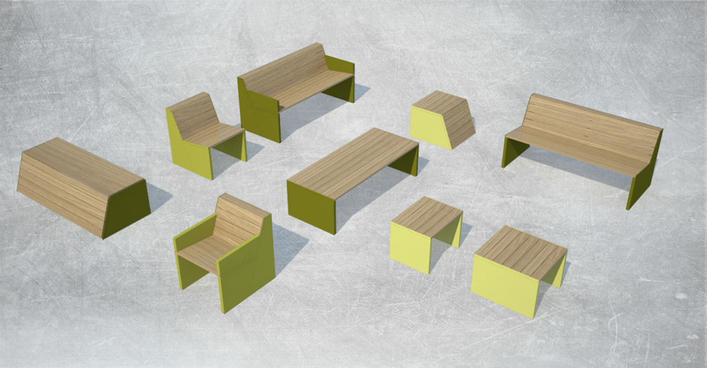 Řada parkových lavic Fully, parkové lavičky stoličky lavice křesla městský mobiliář a venkovní nábytek, průmyslový a produktový design ing. arch. Pavla Tylichová