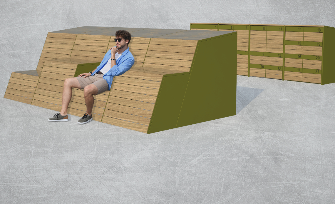 Úložný box a modulární sedací systém, městský mobiliář, průmyslový a produktový design, ing. arch. Pavla Tylichová