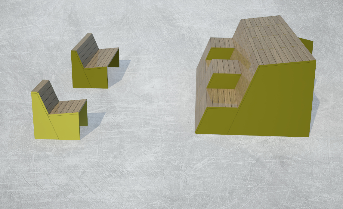 KOmplexní řešení pro veřejné prostory Úložný box Hide and go a lavičky Fully, městský mobiliář, průmyslový a produktový design, ing. arch. Pavla Tylichová