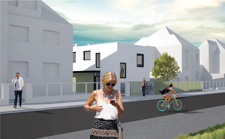 Architektonická studie bytového domu v Hradci Králové, vizualizace bytový dům pohled z ulice, ing. arch. Pavla Tylichová