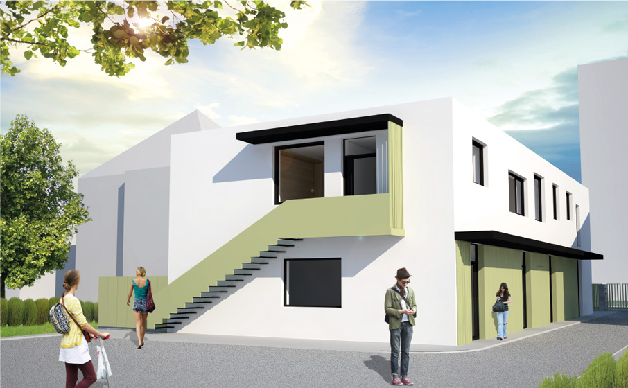 Minimalistický bytový dům Hradec Architektonická studie bytového domu v Hradci Králové, venkovní schodiště, ing. arch. Pavla Tylichová