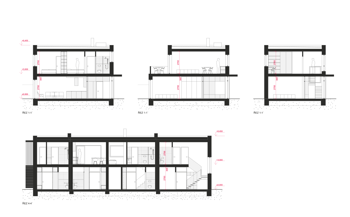 Architektonická studie bytového domu v Hradci Králové, řezy bytový dům Hradec