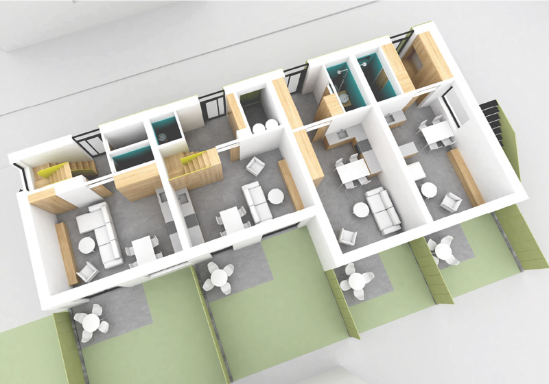 Architektonická studie bytového domu v Hradci Králové, vizualizace přízemí bytový dům