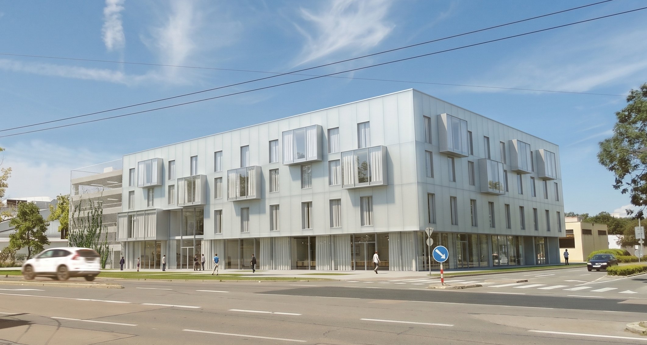 vizualizace městský hotel vykonzolované prvky na fasádě Návrh městského hotelu v Pardubicích. Architektonická soutěž. ing. arch. Pavla Tylichová