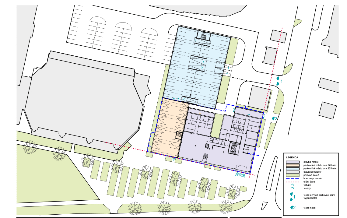 Návrh městského hotelu v Pardubicích. Městský hoteL Pardubice architektonický návrh, situace 