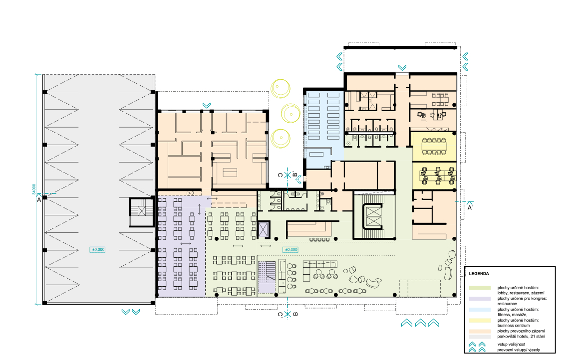Návrh městského hotelu v Pardubicích. Městský hoteL Pardubice architektonická studie, půdorys přízemí prvního nadzemního podlaží hotelu
