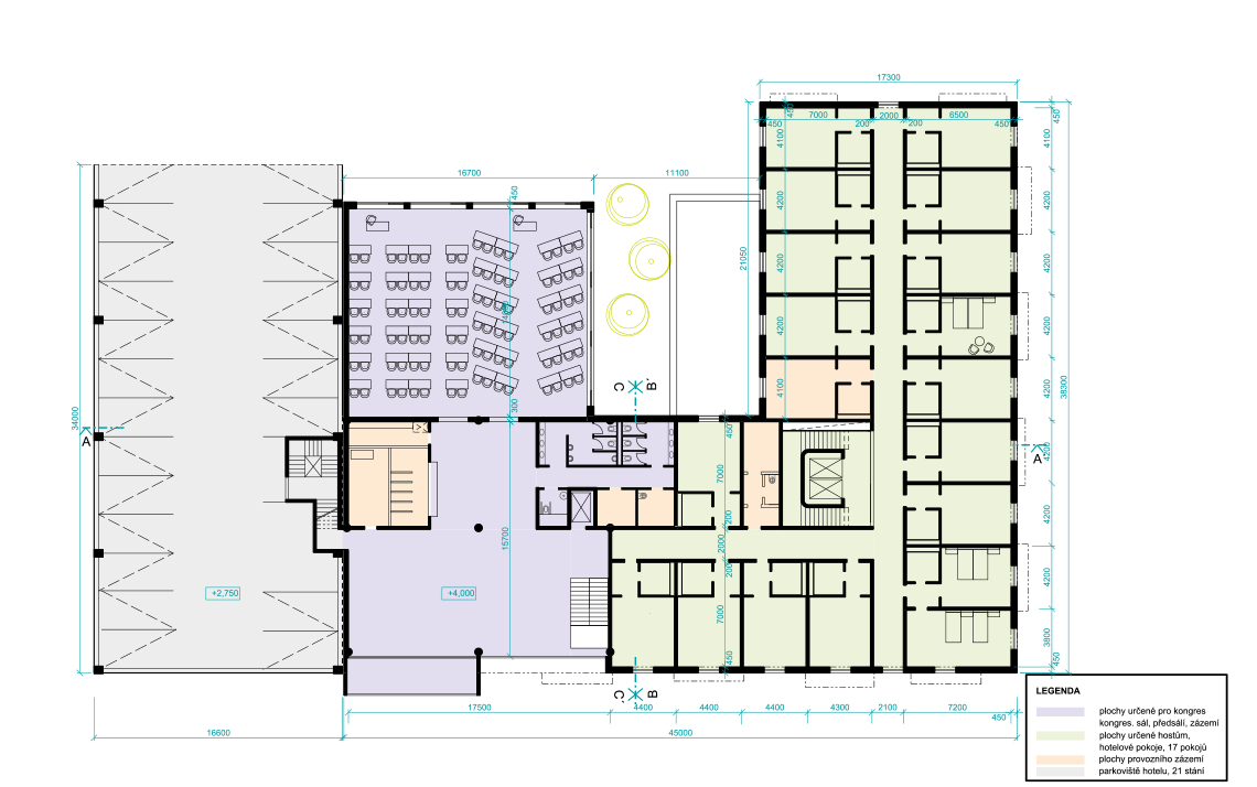 Návrh městského hotelu v Pardubicích. Městský hoteL Pardubice architektonická studie, půdorys druhého nadzemního podlaží hotelu