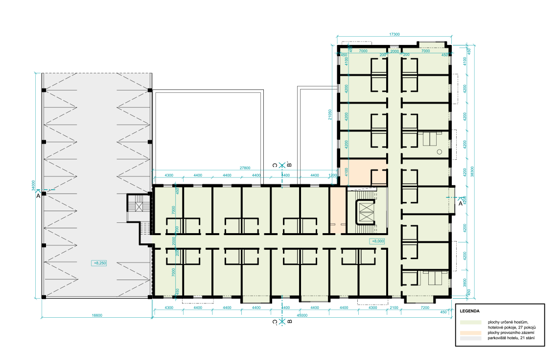 Návrh městského hotelu v Pardubicích. Městský hoteL Pardubice architektonická studie, půdorys třetího nadzemního podlaží hotelu