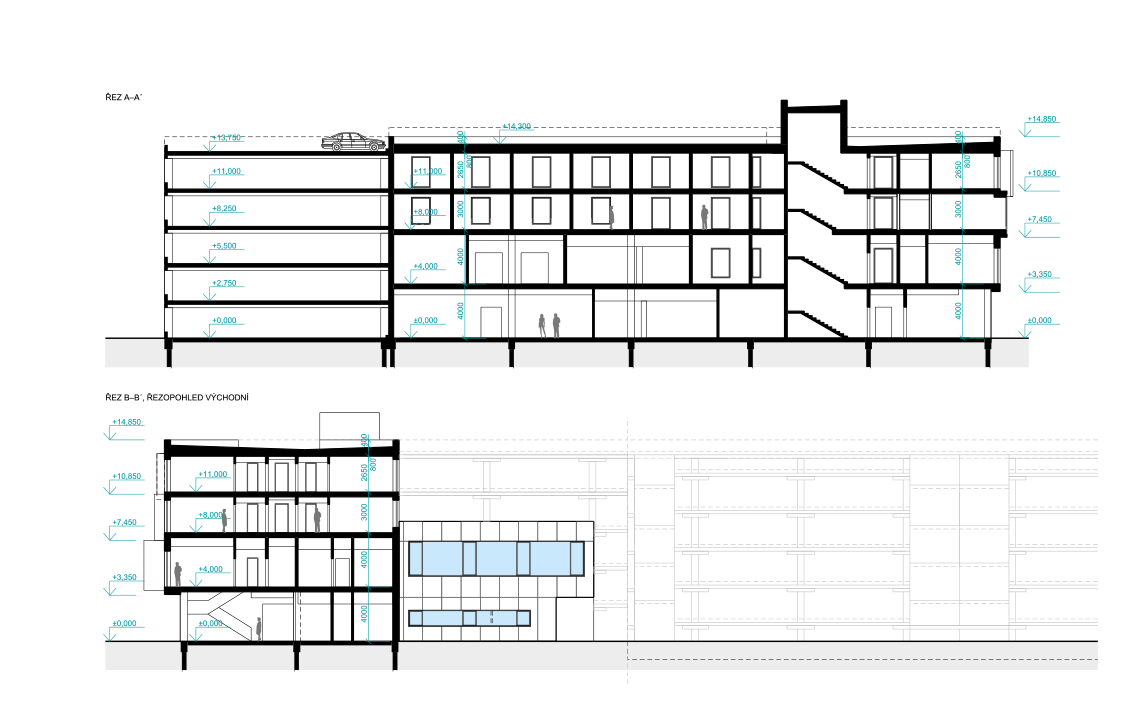 Návrh městského hotelu v Pardubicích. Městský hoteL Pardubice architektonická studie, řezy hotelem
