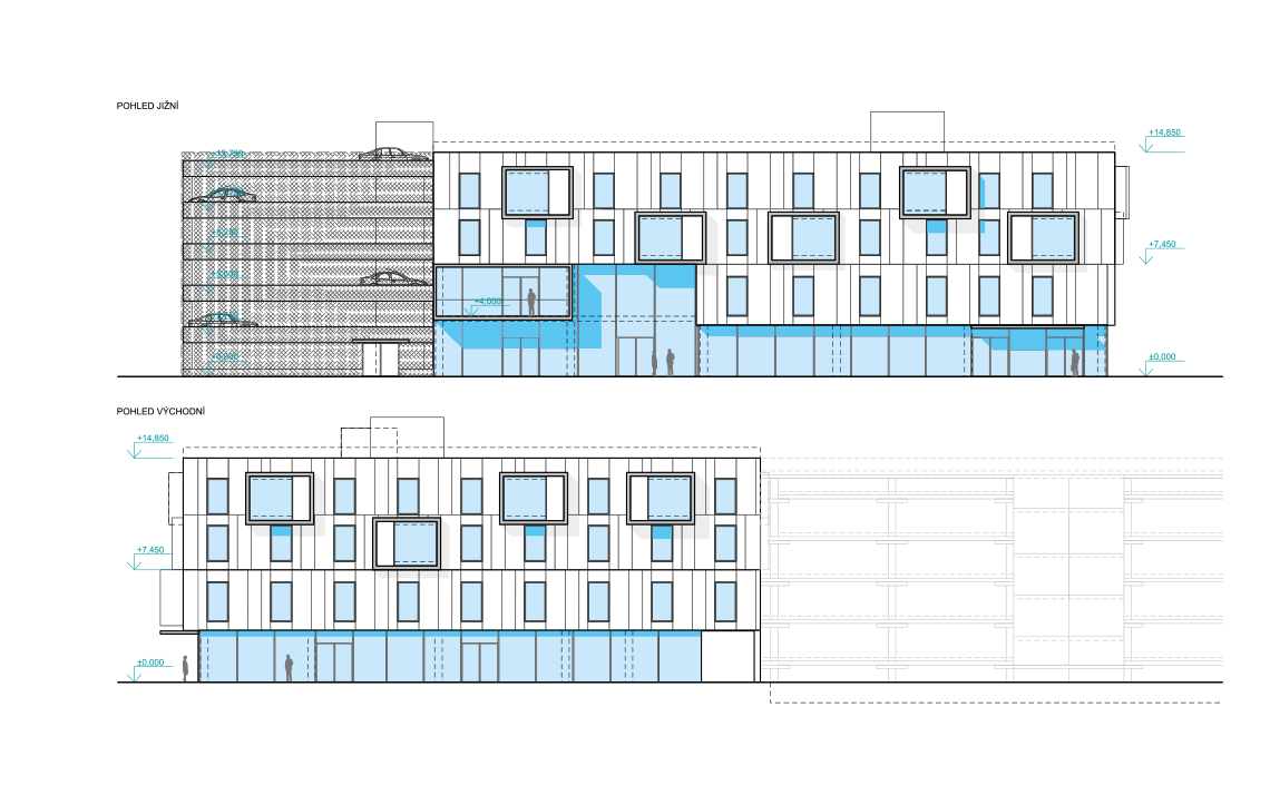Návrh městského hotelu v Pardubicích. Městský hoteL Pardubice architektonická studie, pohledy na navrhovaný hotel
