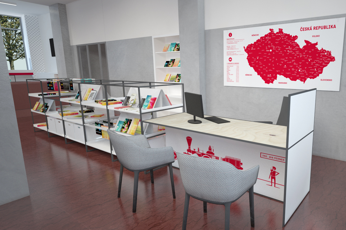 Návrh interiéru turistického informačního centra v Pardubicích. Design jednacího stolu a prezentačních regálů z jeklů, interiérový design, informační centrum