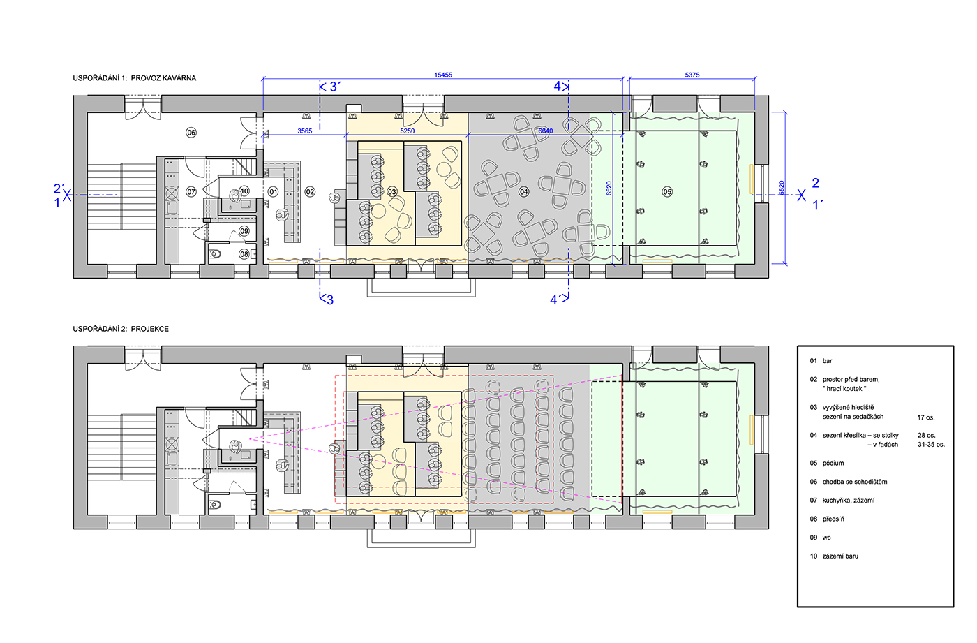 půdorys navrhovaný stav koncept měnění využití a provozu kavárny Návrh interiéru kinokavárny, Pardubice, design interiéru, členění prostoru. ing. arch. Pavla Tylichová
