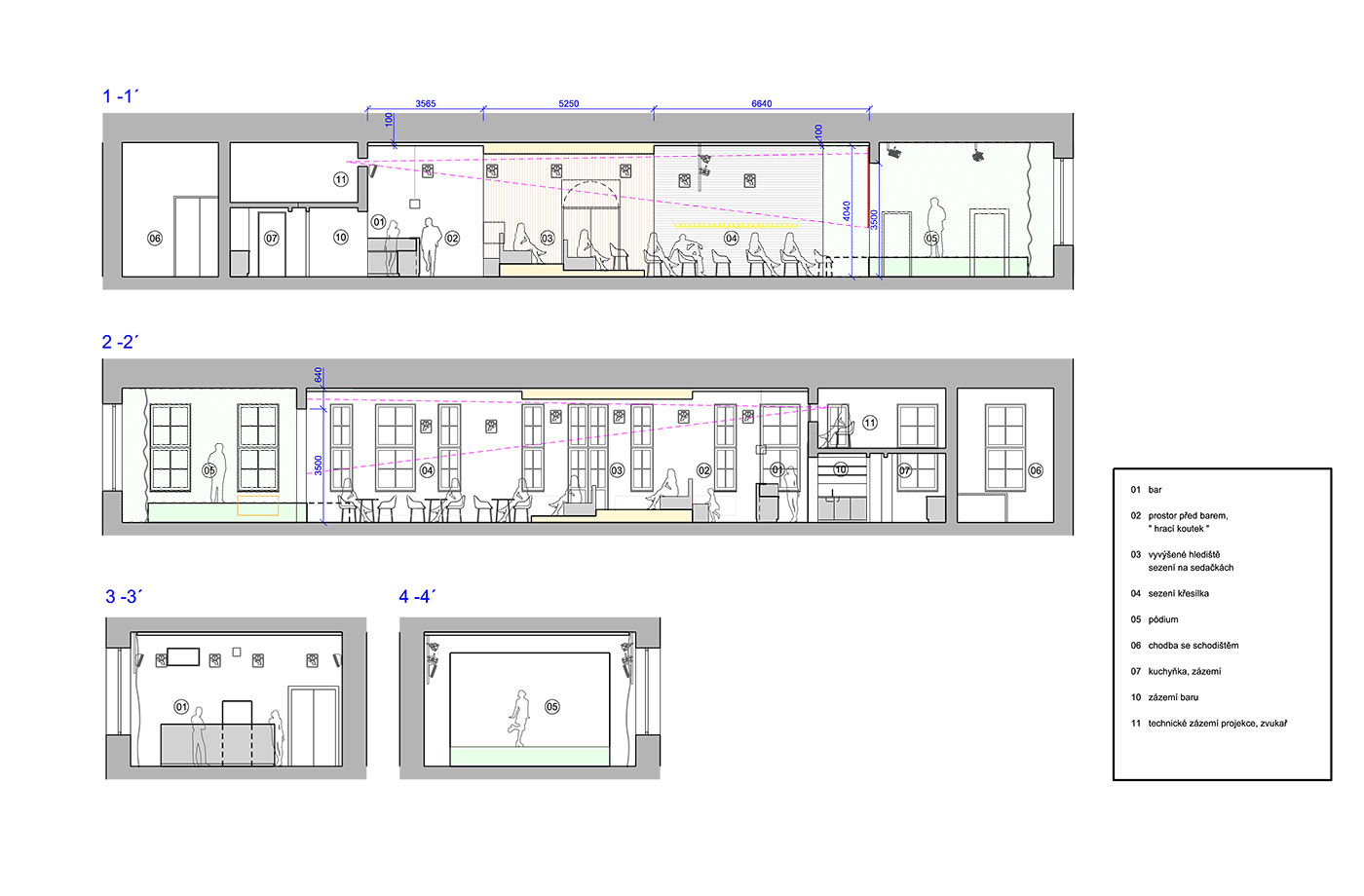 řezy prostorem navrhované kavárny Návrh interiéru kinokavárny, Pardubice, design interiéru, členění prostoru. ing. arch. Pavla Tylichová