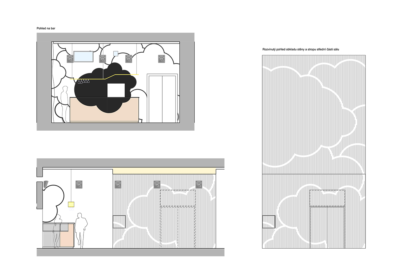 kino kavárna bar Návrh řešení baru interiéru kinokavárny, Pardubice, design interiéru, členění prostoru. ing. arch. Pavla Tylichová