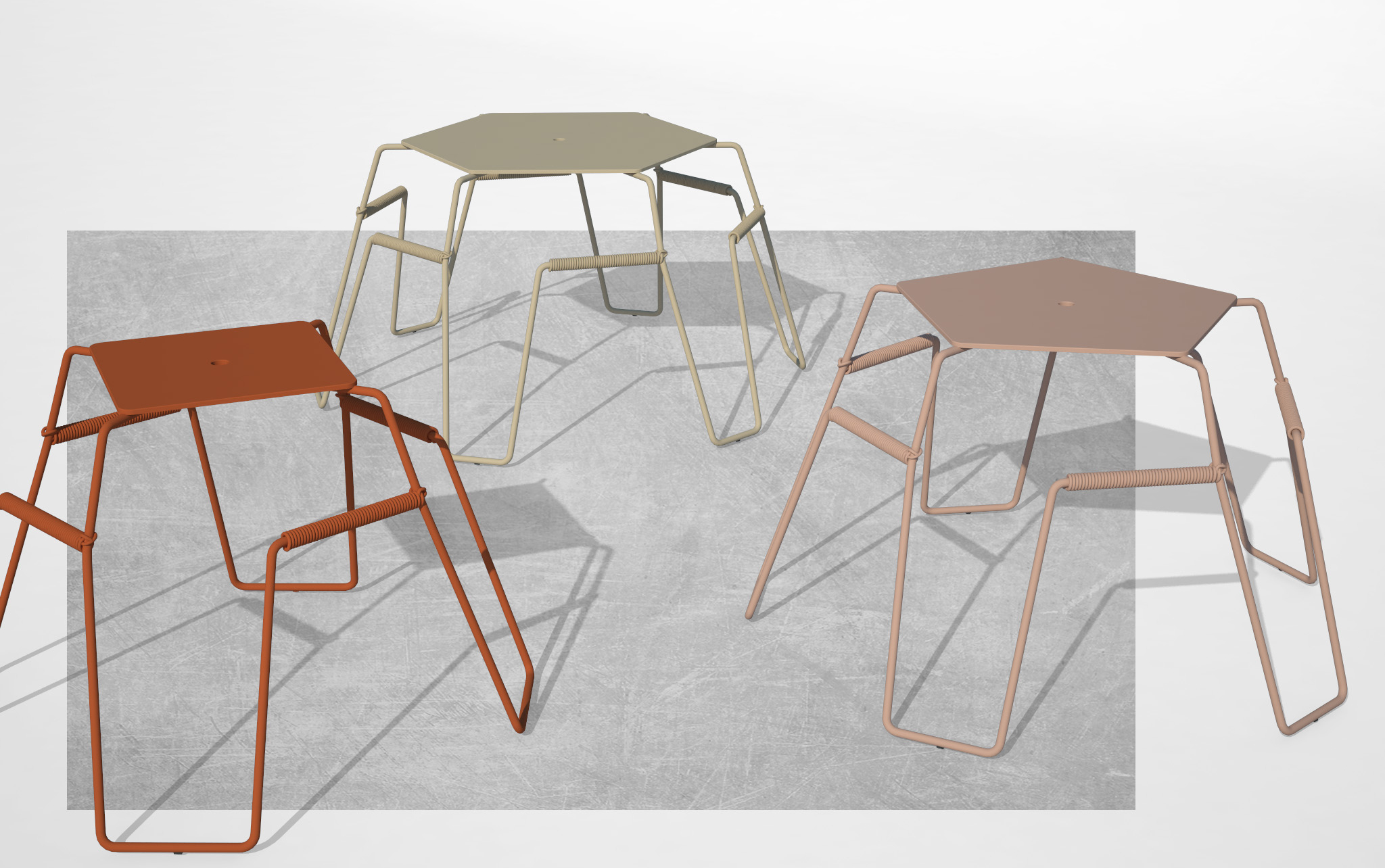 stohovatelné koktejlové stoly Muselet, městský mobiliář a venkovní nábytek, průmyslový a produktový design. ing. arch. Pavla Tylichová