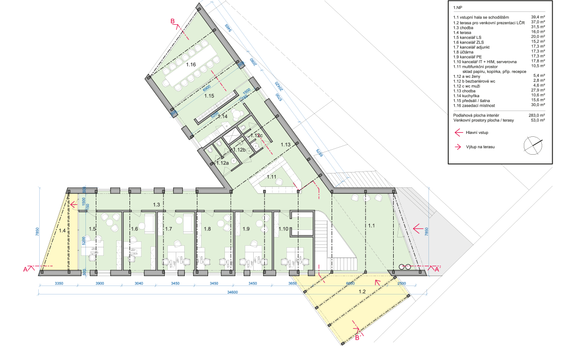 půdorys podzemního podlaží návrh administrativní budova Lesní správa Hořice Architektonická studie administrativní budovy lesní správy v Hořicích
