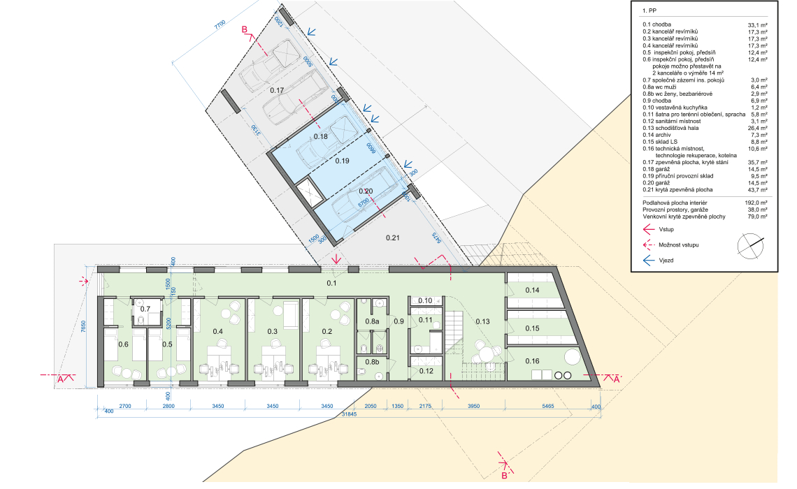 půdorys vstupního podlaží návrh administrativní budova Lesní správa Hořice Architektonická studie administrativní budovy lesní správy v Hořicích