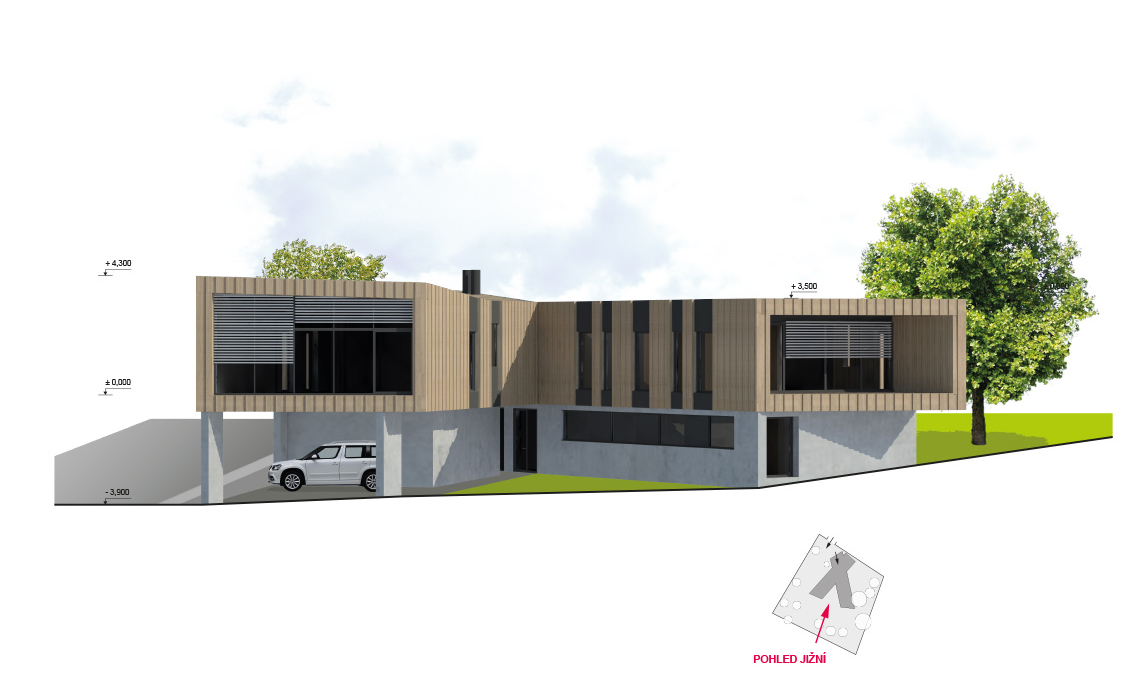 pohled návrh administrativní budova Lesní správa Hořice Architektonická studie administrativní budovy lesní správy v Hořicích