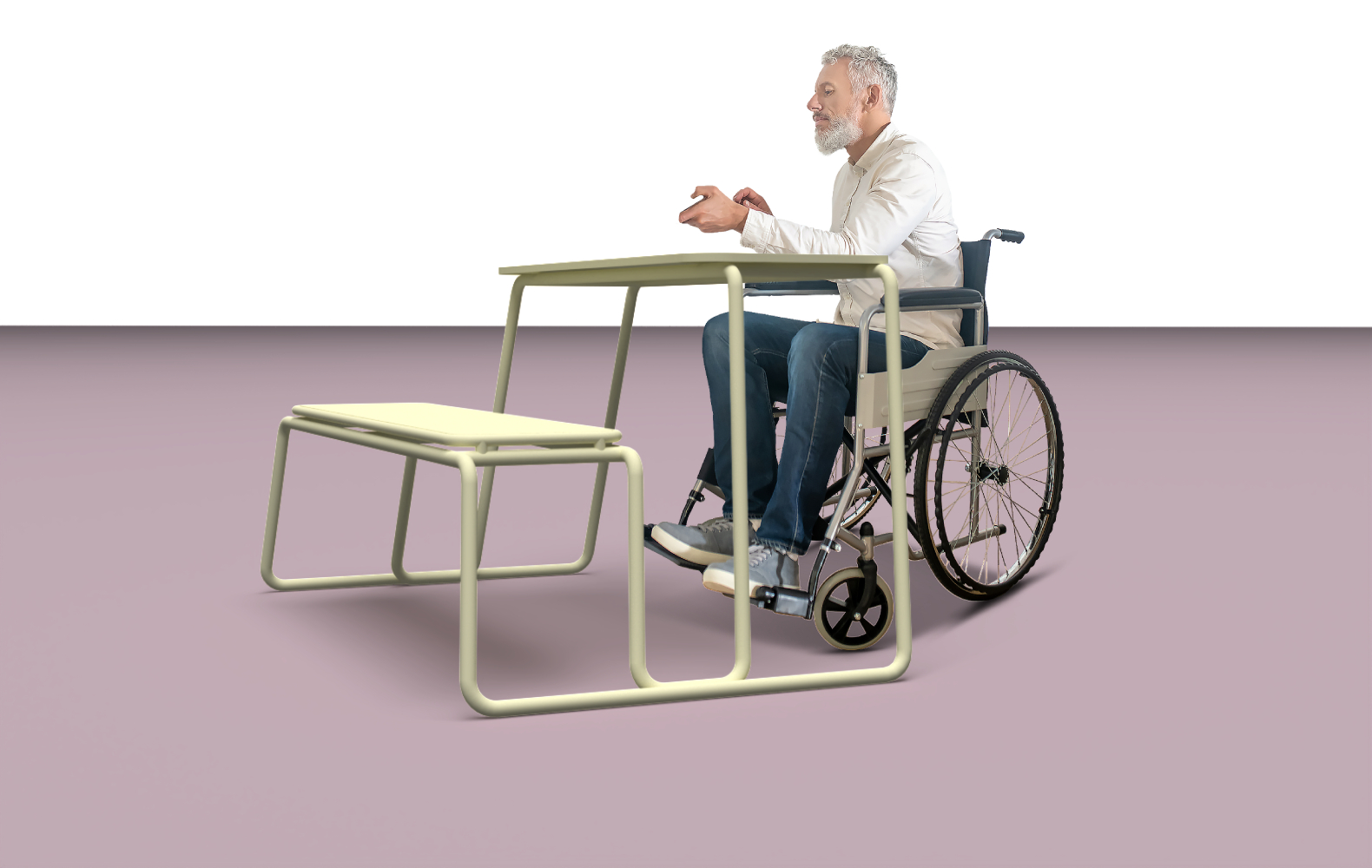 bezbariérový vhodný pro vozíčkáře inkluzivní design stohovatelnost piknikový kompaktní stůl stabilní s výpletem design venkovního nábytku ing. arch. Pavla Tylichová