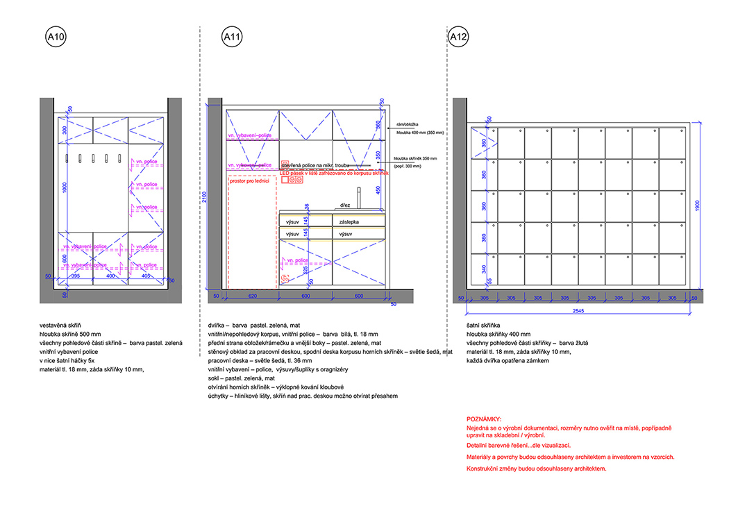 Návrh interiéru Centrální příjem MNO, Ostrava. Ukázka rozkreslení návrhu vestavěného nábytku pro urgentní jendotku. realizace