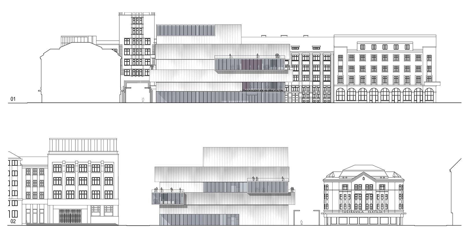 Moravskoslezský dům pro umění a kulturu  podélné pohledy Architektura, projekt, skleněná fasáda, konzoly, ing. arch. Pavla Tylichová