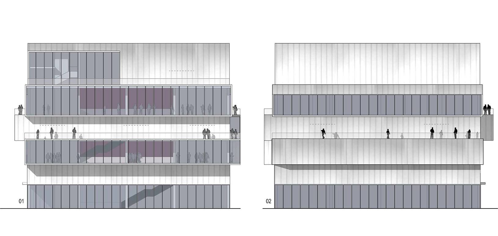 Moravskoslezský dům pro umění a kulturu  příčné pohledy Architektura, projekt, skleněná fasáda, konzoly, ing. arch. Pavla Tylichová