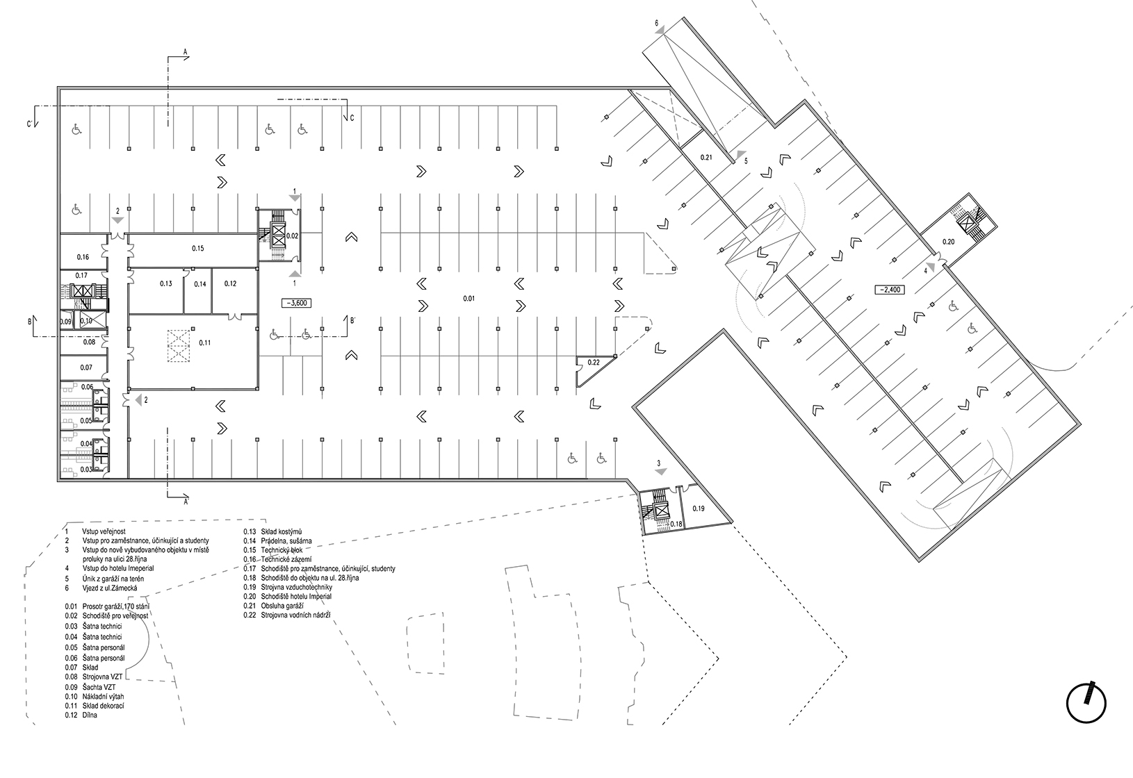 Moravskoslezský dům pro umění a kulturu půdorys 2 PP. podzemní garáže náměstí E. Beneše Ostrava Architektura, projekt