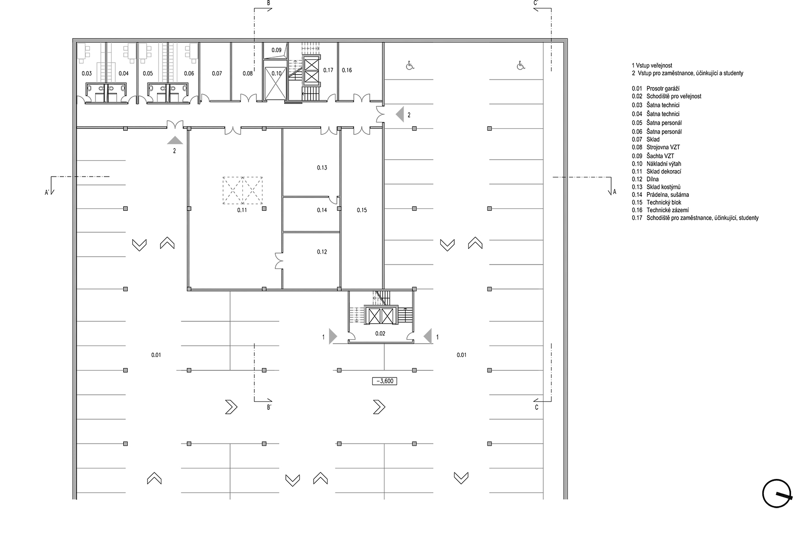 Moravskoslezský dům pro umění a kulturu půdorys 1 PP. podzemní garáže náměstí E. Beneše Ostrava Architektura, projekt