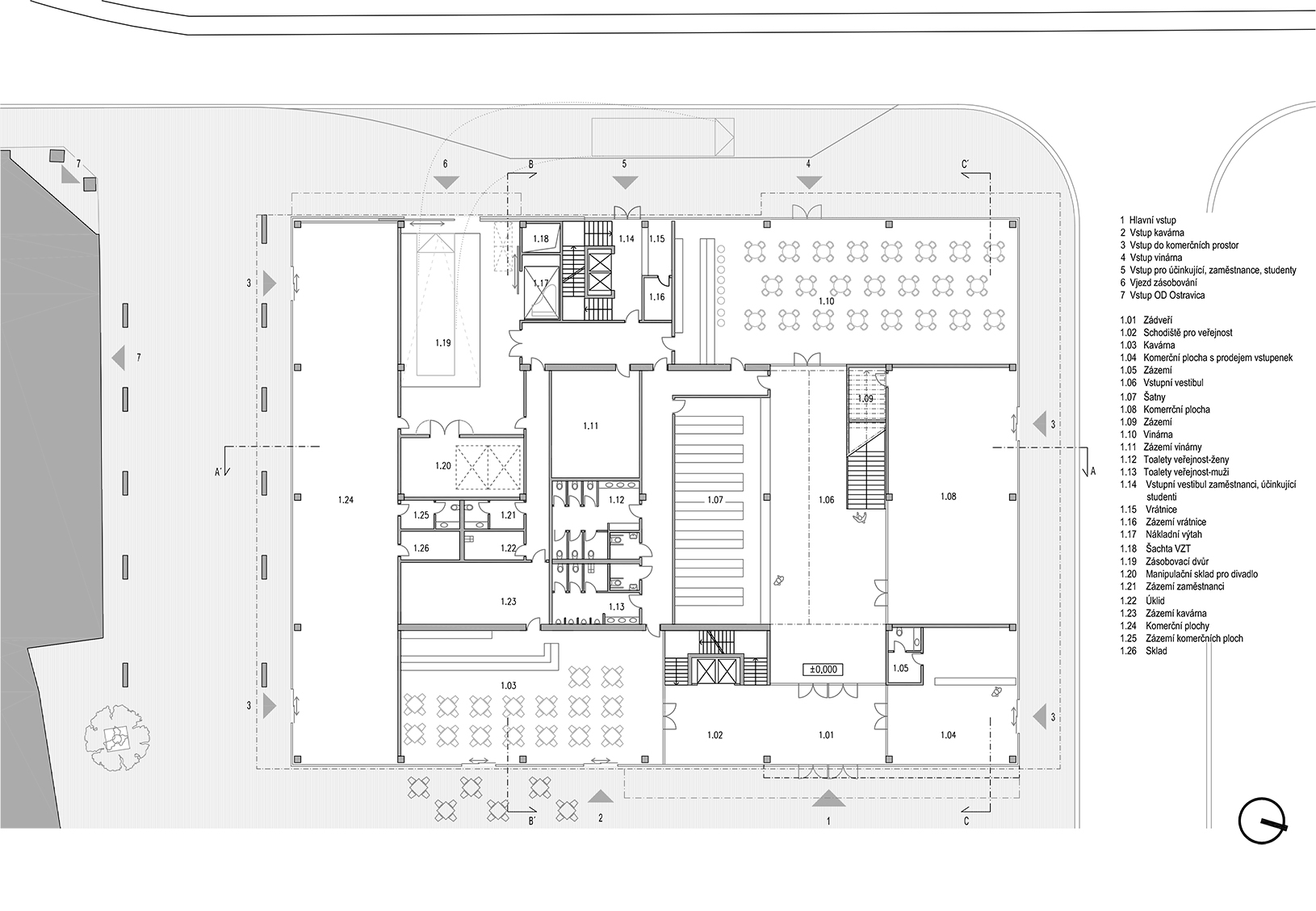 Moravskoslezský dům pro umění a kulturu půdorys přízemí  Ostrava Architektura, projekt