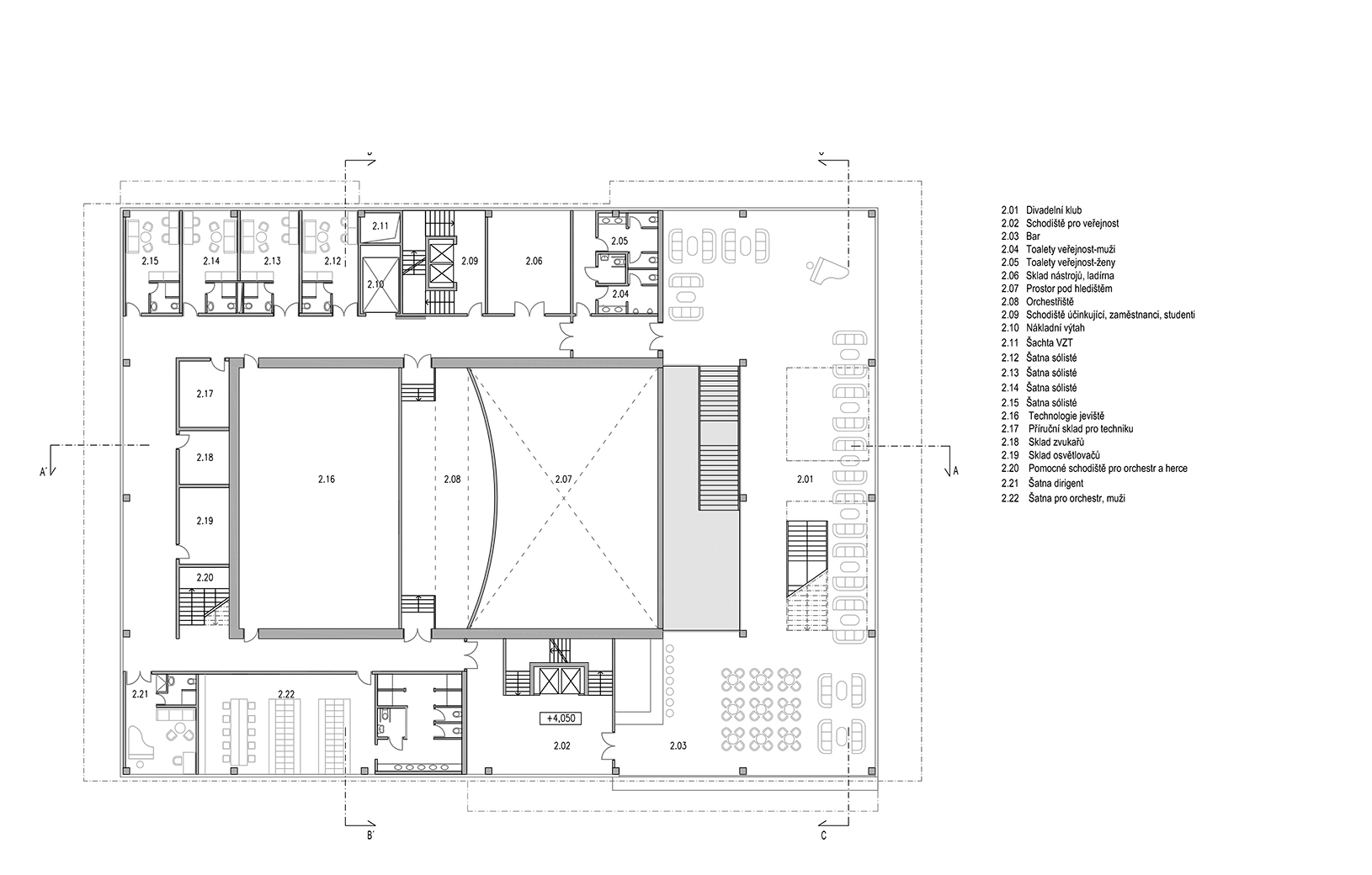 Moravskoslezský dům pro umění a kulturu půdorys prvního nadzemního podlaží Ostrava Architektura, projekt