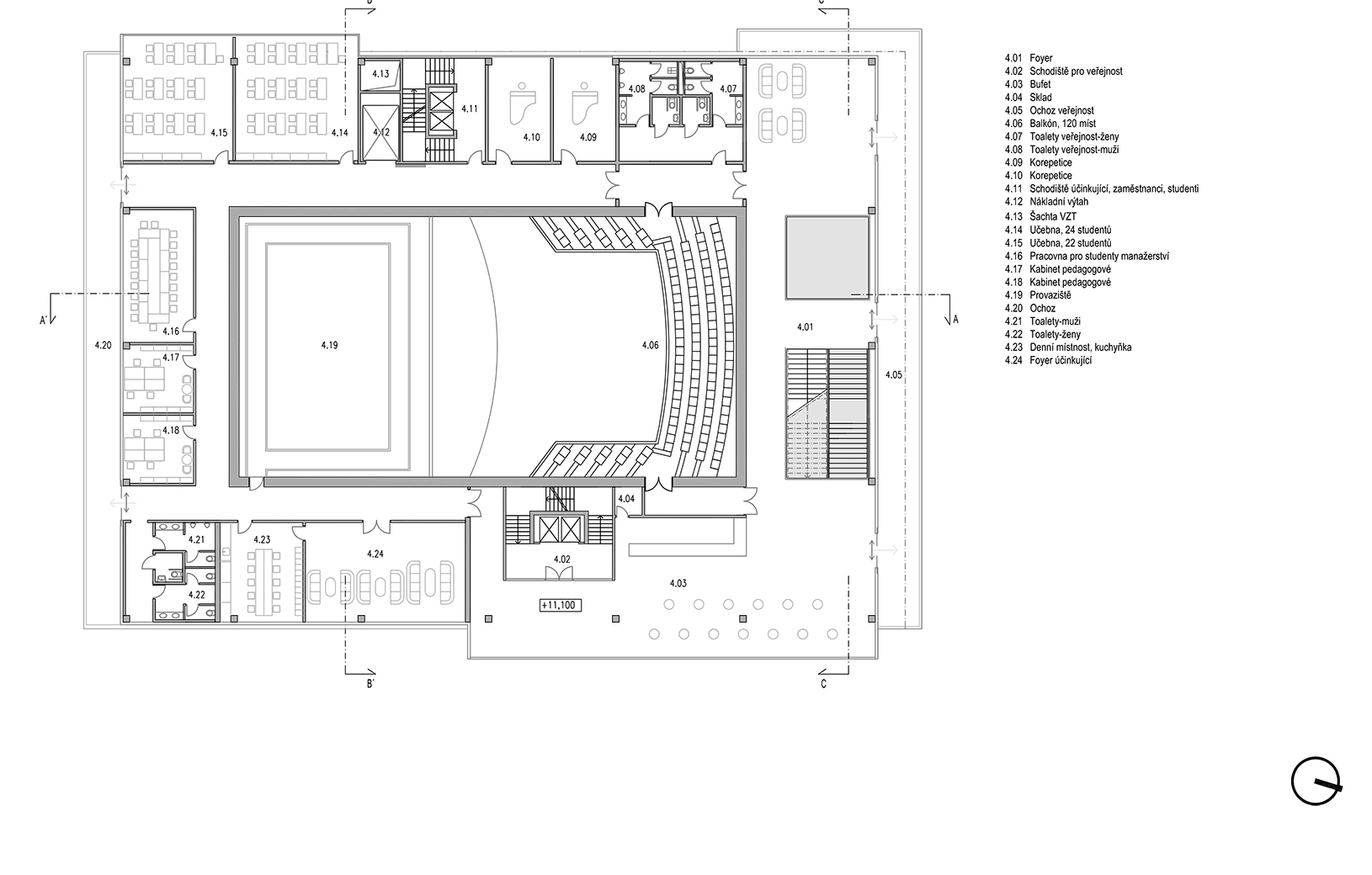 Moravskoslezský dům pro umění a kulturu půdorys třetího nadzemního podlaží Ostrava Architektura, projekt
