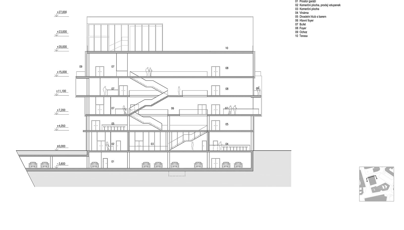 Moravskoslezský dům pro umění a kulturu podélný řez Ostrava Architektura, projekt