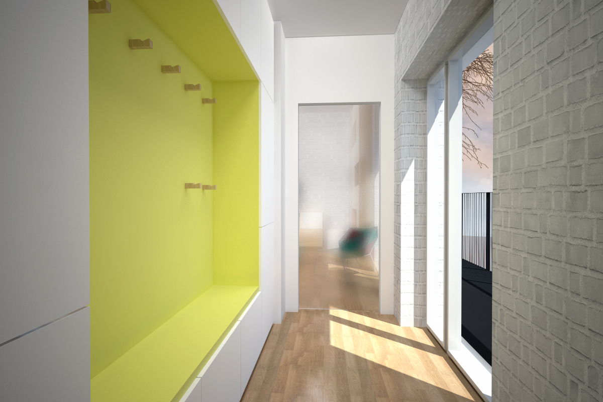 design interiéru chodby podkrovního bytu skříň s nikou architektura interiérový design