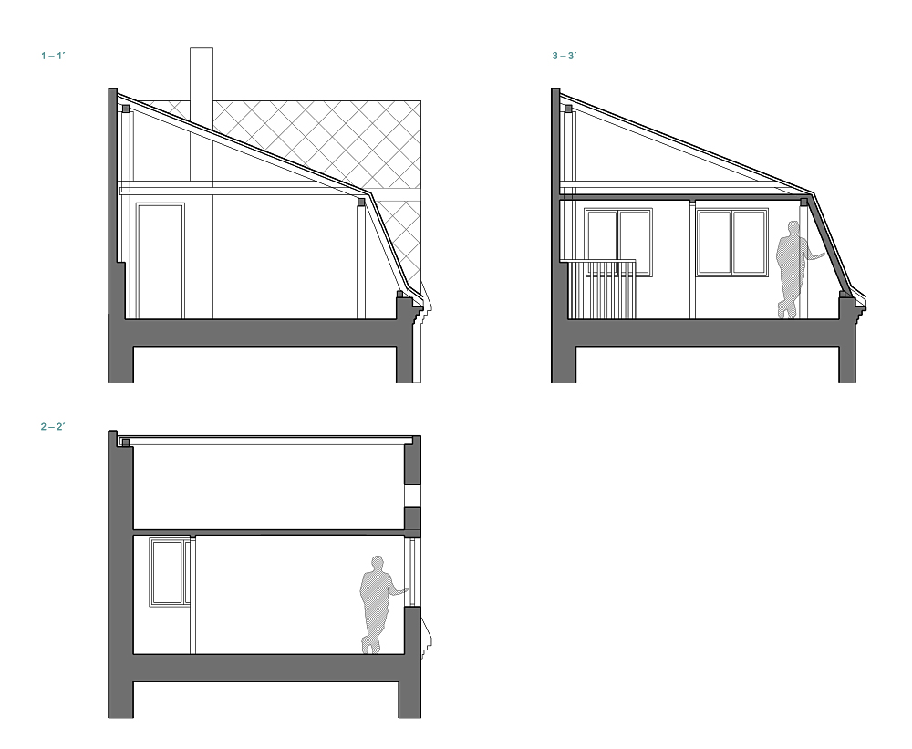 řezy půdou původní stav, malý byt návrh a realizace interiérový design a architektura