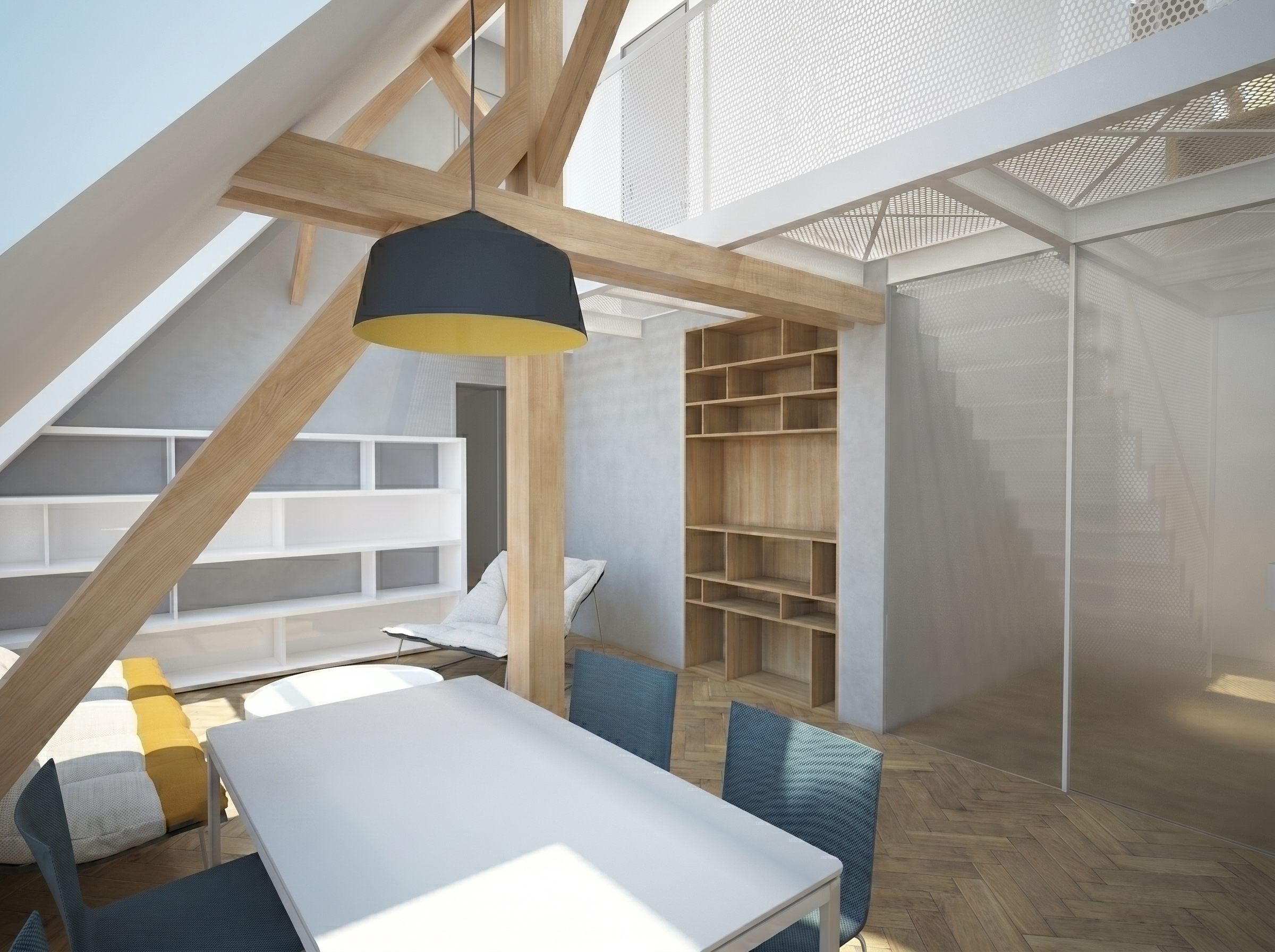 architektonický návrh půdní vestavby mezonetový byt design interiéru, hlavní obytný prostor