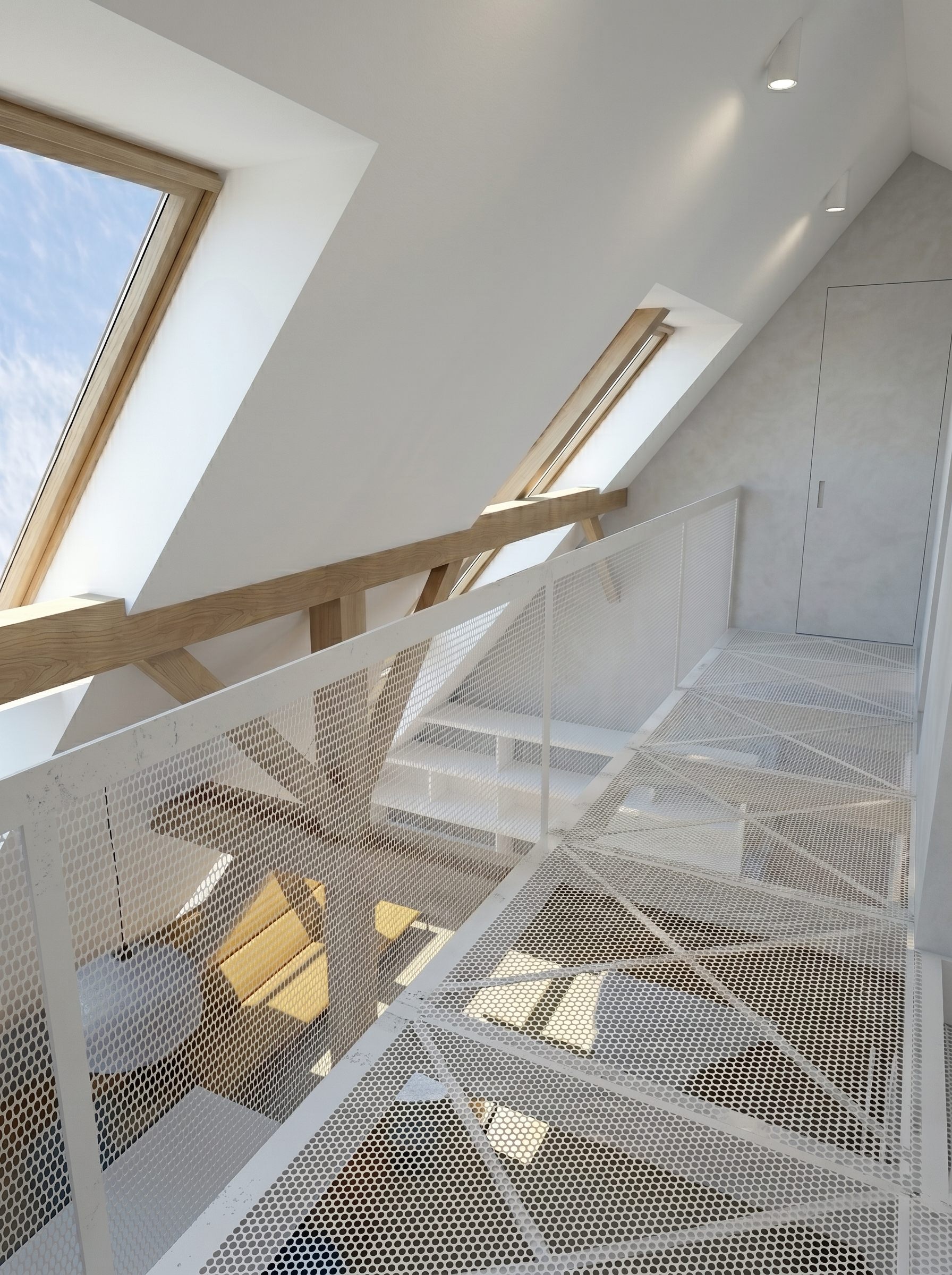 architektonický návrh půdní vestavby mezonetový byt design interiéru, ocelové vložené patro perforovaný plech ing. arch. Pavla Tylichová
