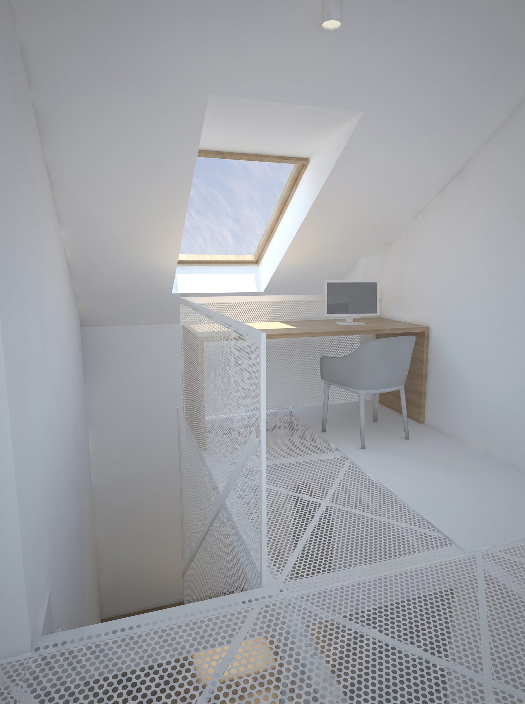 architektonický návrh půdní vestavby mezonetový byt design interiéru, pracovna na vloženém ocelovém patře s perforovaným plechem
