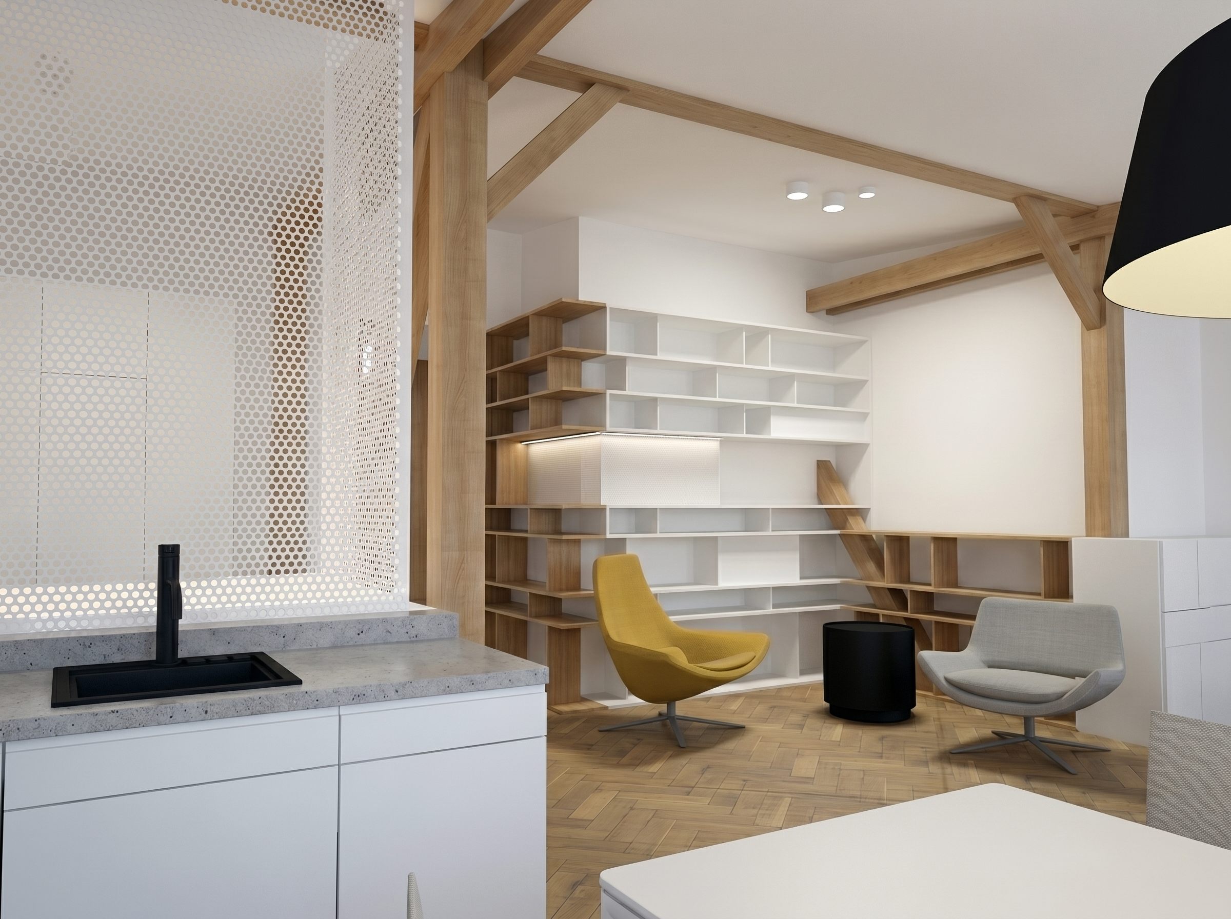 architektonický návrh půdní vestavby. Byt prosvětlený světlíkem z perforovaného plechu. design interiéru
