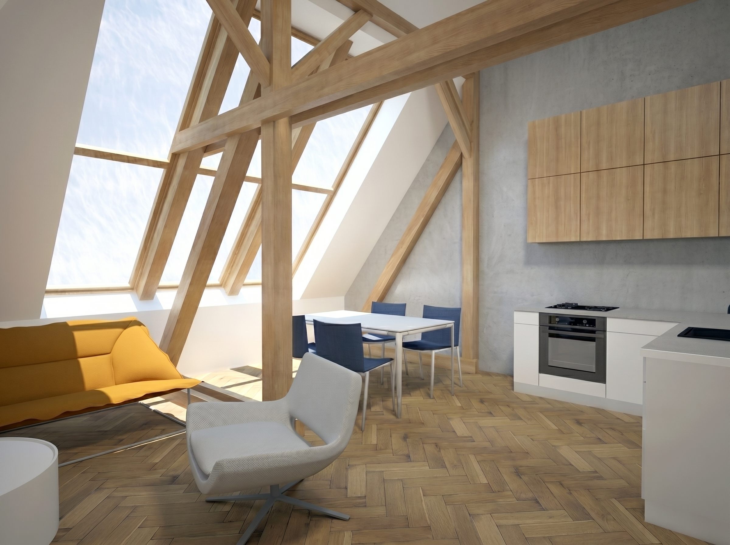 architektonický návrh půdní vestavby  byt se střešními okny design interiéru