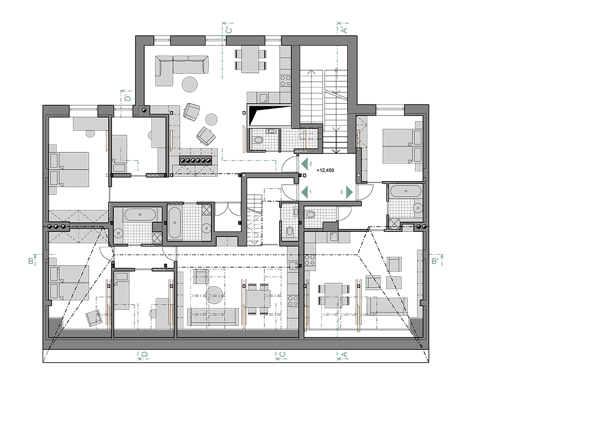 architektonický návrh půdní vestavby mezonetový byt design interiéru půdorys