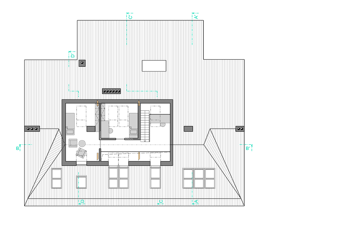 architektonický návrh půdní vestavby mezonetový byt design interiéru půdorys mezonetového patra