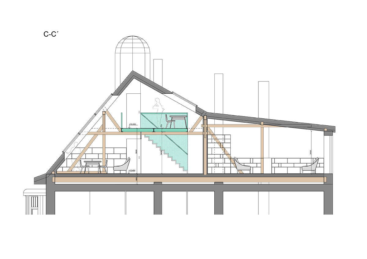 architektonický návrh půdní vestavby mezonetový byt, příčný řez design interiéru