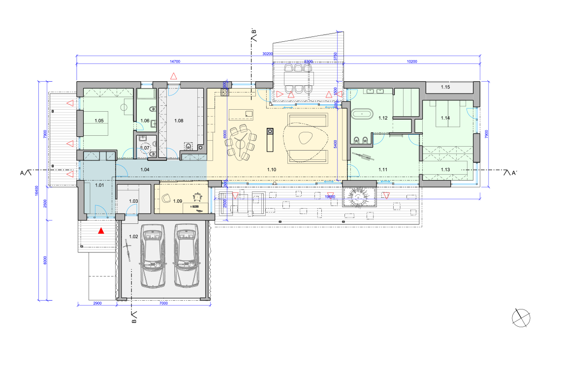 Architektonický návrh a realizace rodinného domu v Pardubicích. Půdorys