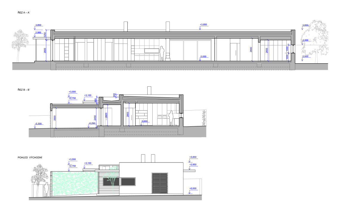 Architektonický návrh a realizace rodinného domu v Pardubicích. řezy